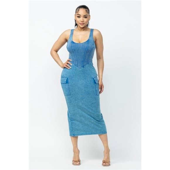 Acid Washed Cargo Midi Dress - Picture 1 of 7